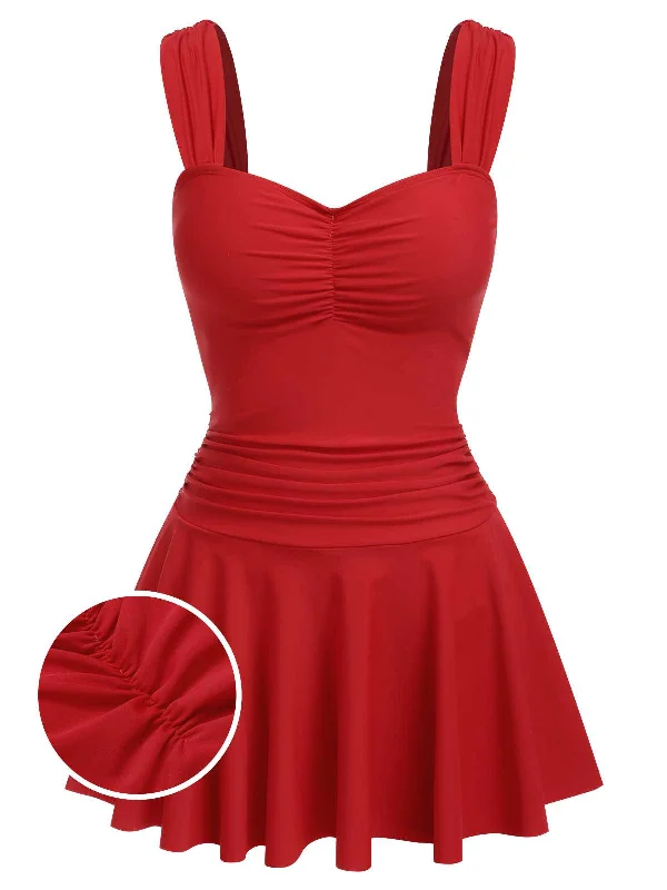 Red 1950s Pleated Solid One-Piece Swimsuit