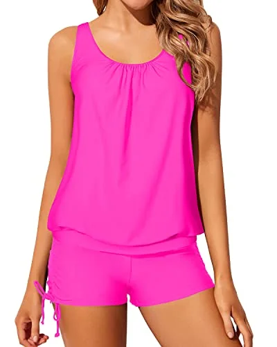 Loose Fit Women's Blouson Tankini Swimwear Modest Coverage-Neon Pink