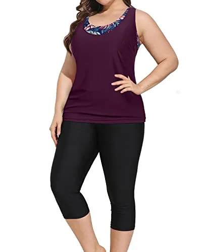 3 Piece Athletic Bathing Suits Tankini Tops For Women-Maroon Leaf