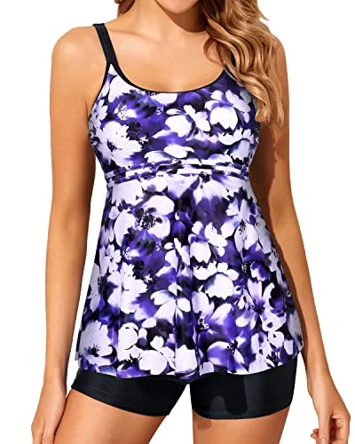 U Neck Modest Swimwear Two Piece Tankini Bathing Suits Boy Shorts-Blue Floral