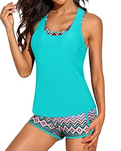 Flattering Racerback 3 Piece Tankini Swimsuits For Women-Green Tribal