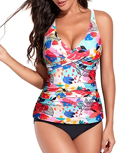 Twist Front Cross Back Two Piece Tankini Bathing Suits For Women-Colorful Leaves