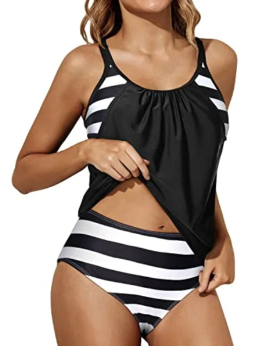 Blouson Tankini Top Bottom Double Up Bathing Suit Tankini Swimsuits For Women-Black And White Stripe