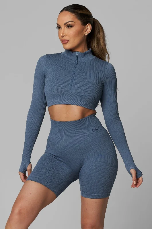 Dusty Blue Seamless Ribbed Long Sleeve Half Zip