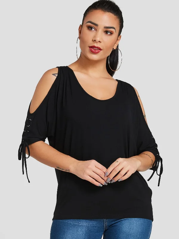 Custom Cold Shoulder Tie-Up Half Sleeve Black T-Shirts