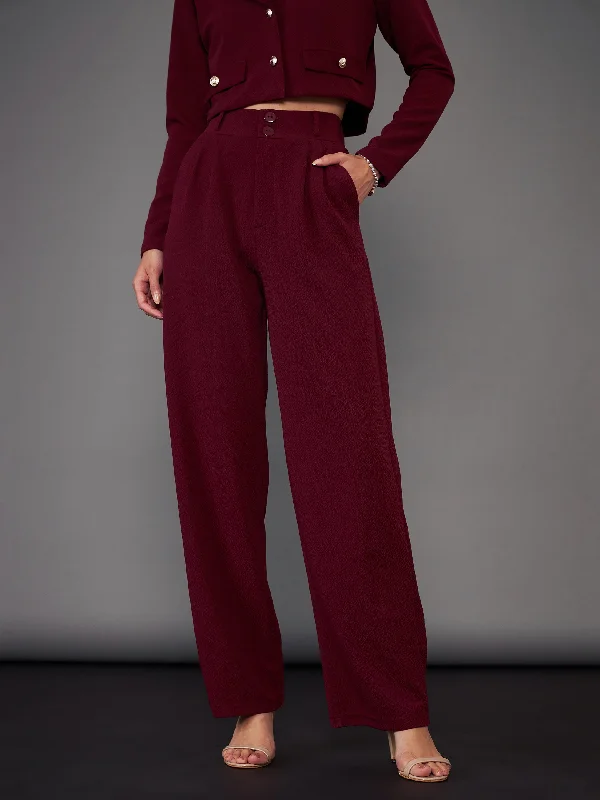 Women Burgundy Pleated Straight Pants