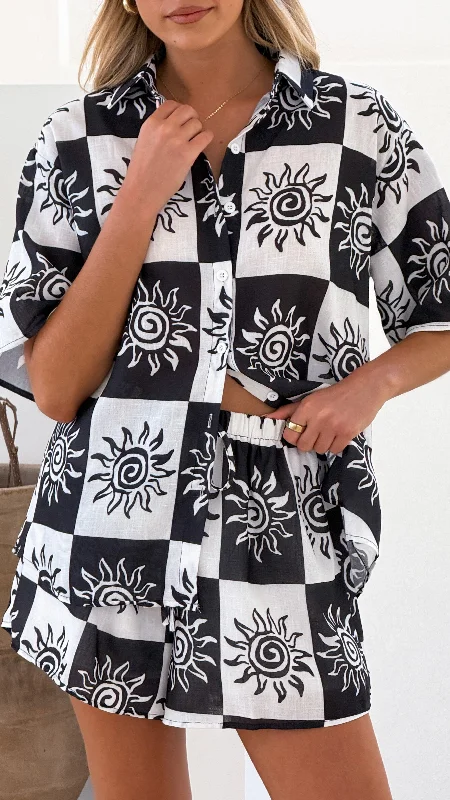 Myra Button Up Shirt and Shorts Set - Black/White