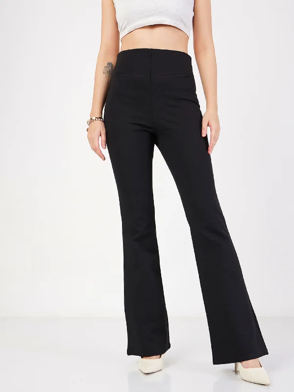 Women Black Bone Pocket Bell Bottom Pants