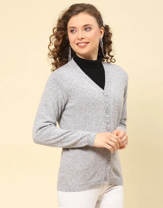 Women Grey Solid V Neck Full Sleeve Cardigan