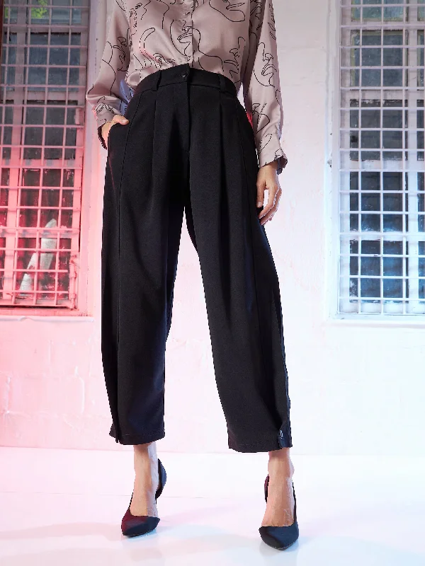 Women Black Button Hem Darted Balloon Pants