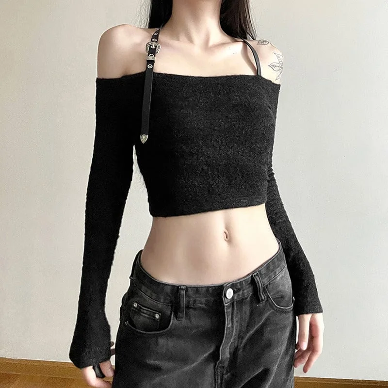 Women's Grunge Halterneck Long Sleeved Crop Top