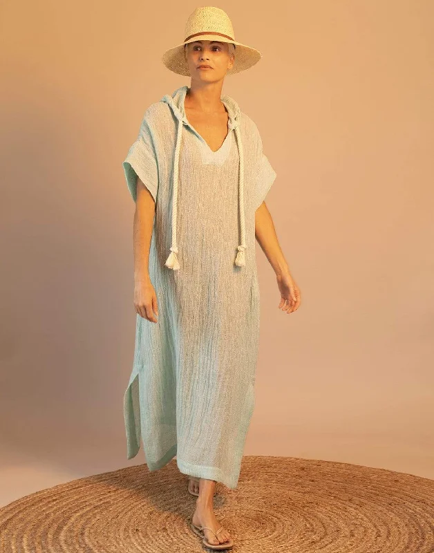 Blue Chios Gauze Hooded Caftan