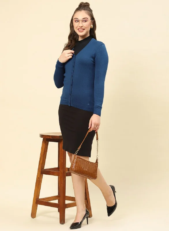 Women Teal Blue Solid Modal Nylone Cardigan