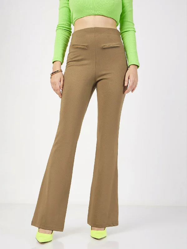 Women Beige Bone Pocket Bell Bottom Pants