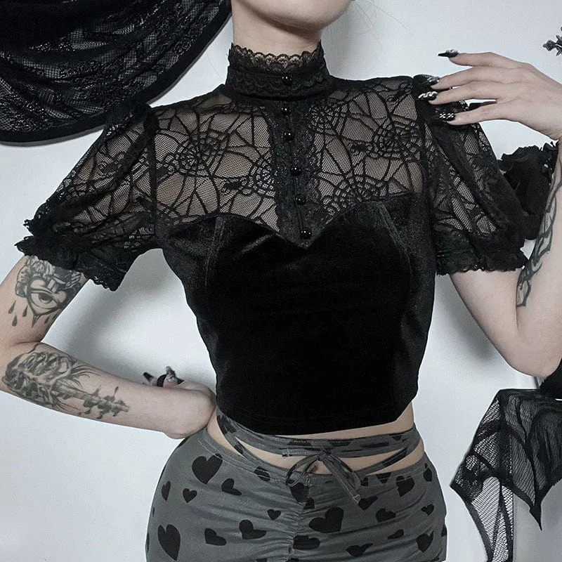 Women's Gothic Sipder Mesh Splice Velvet Crop Top