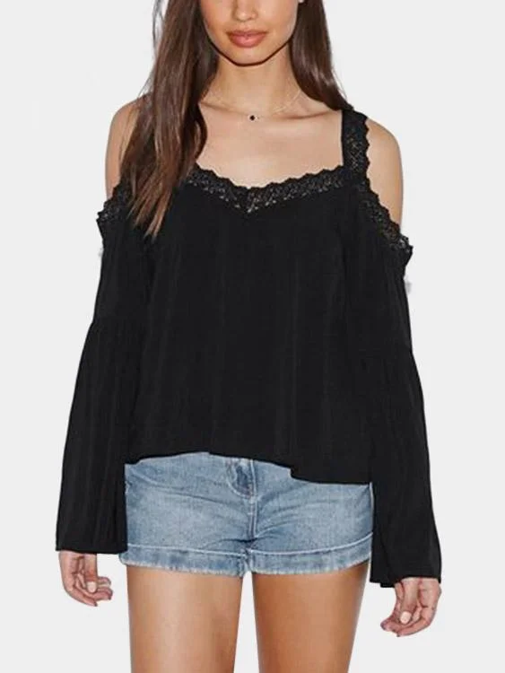 Custom Cold Shoulder Lace Long Sleeve Black Top