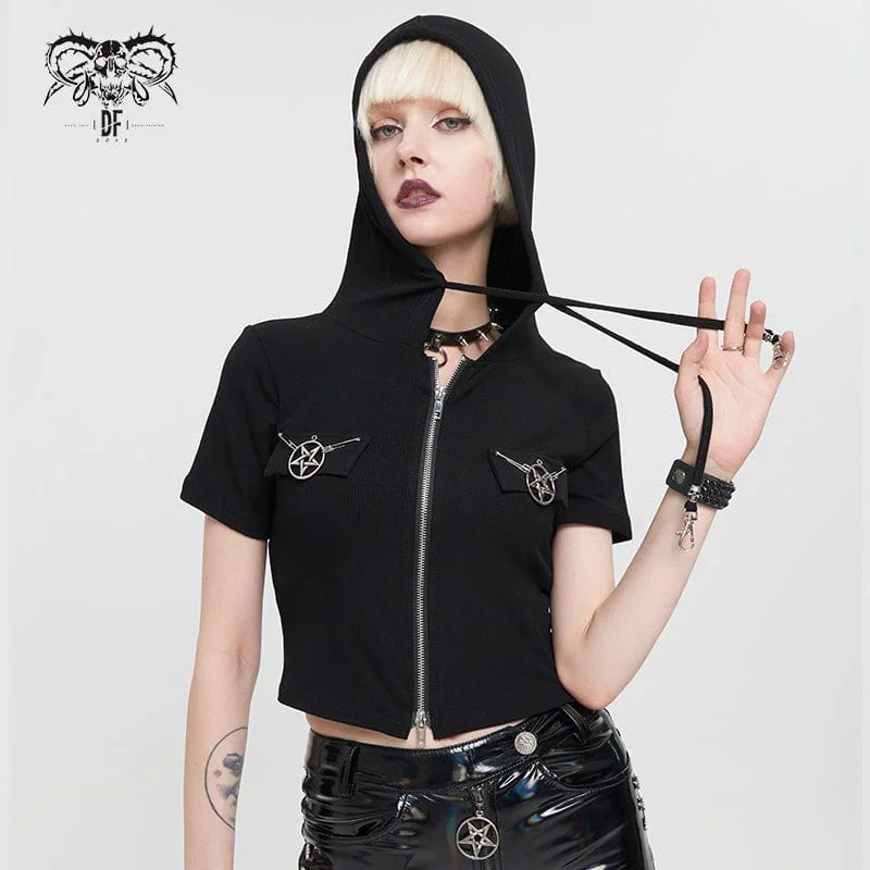 Women's Punk Metal Star Double Zipper Short Sleeved Crop Top