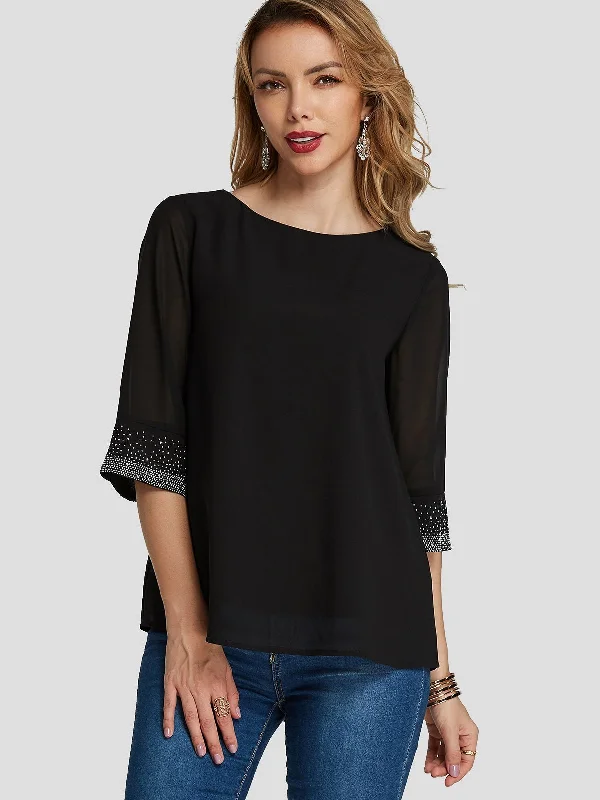 Custom Round Neck Sheer Sequins Embellished Half Sleeve Black T-Shirts