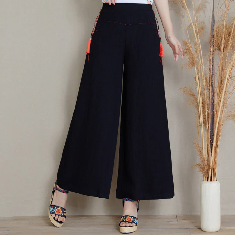 Floral Embroidery Chinese Style Women's Loose Pants with Tassels