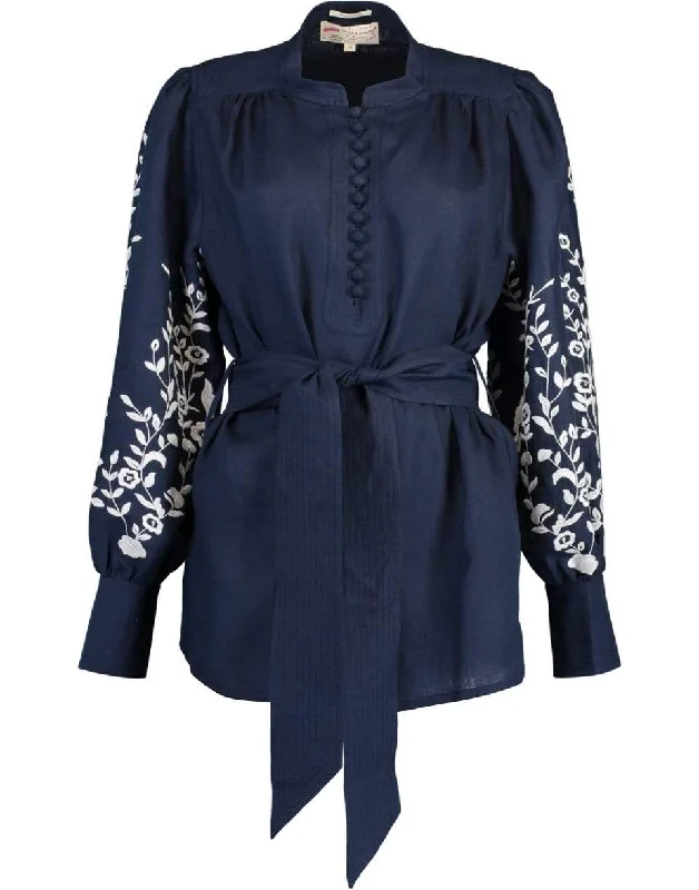 Navy Embroidered Linen Belted Blouse