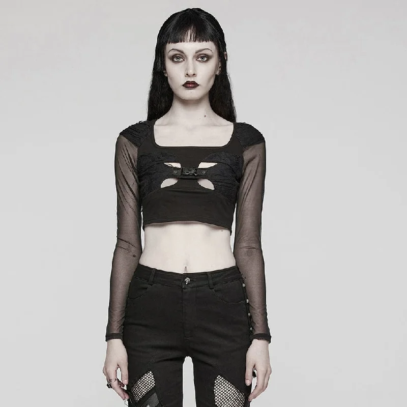 Women's Gothic Cutout Mesh Buckle Long Sleeved Crop Top