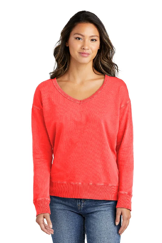 Port & Company Womens Beach Wash Garment Dyed V-Neck Sweatshirt - Poppy Red