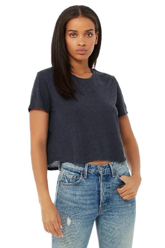 Bella + Canvas Womens Flowy Cropped Short Sleeve Crewneck T-Shirt - Heather Navy Blue