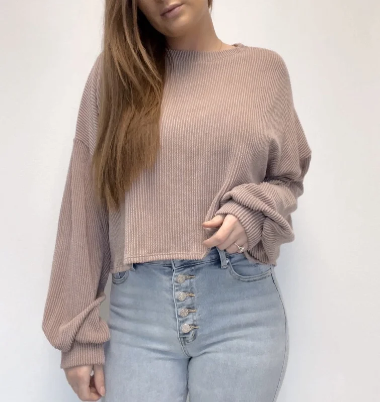 Ribbed Crop Top  with Pillow Sleeves - Sandstone