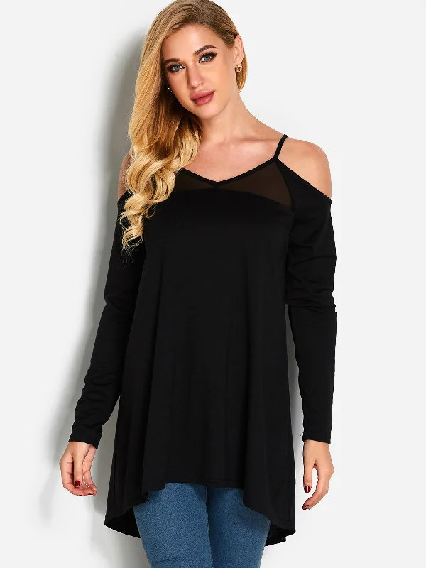 Custom V-Neck Cold Shoulder Cut Out Long Sleeve Curved Hem Black T-Shirts