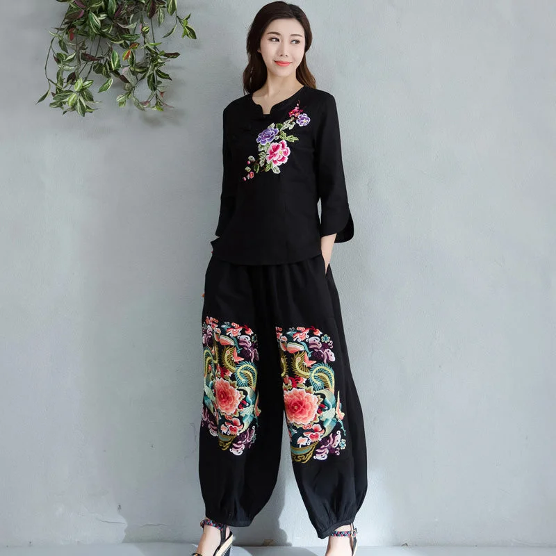 Floral Embroidery Signature Cotton Traditional Chinese Style Women's Loose Pants