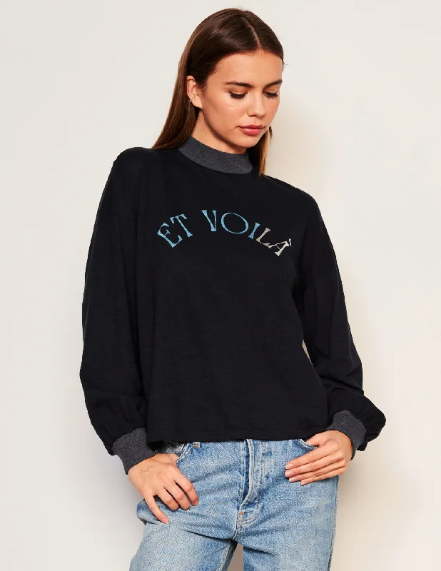 Sundry Et Voila Mock Neck Long Sleeve Tee in Deep Navy