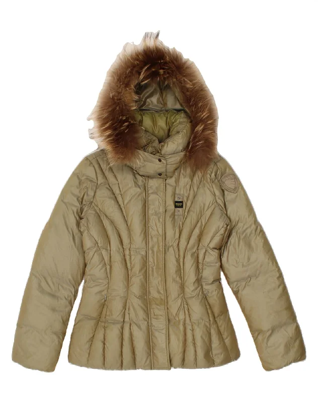 BLAUER Womens Hooded Padded Jacket UK 14 Large Beige Polyester