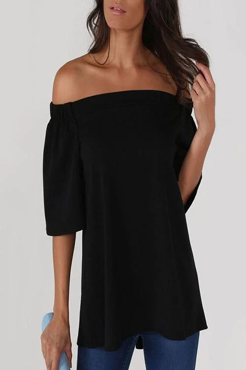 Custom Off The Shoulder Slit Half Sleeve Irregular Hem Black T-Shirts