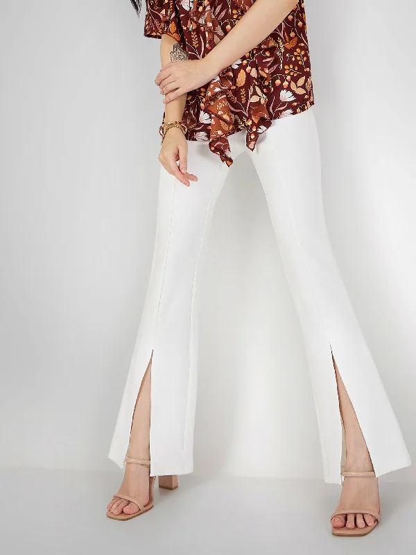 Women White Roma Front Slit Bell Bottom Pants