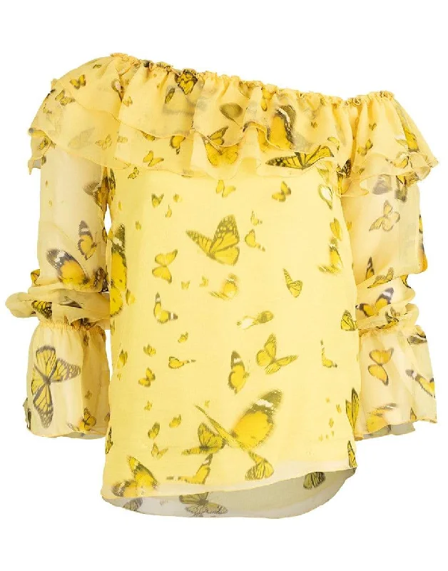 Butterfly Print Ruffled Off Shoulder Top