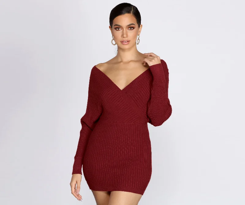 Ribbed Knit Surplice Mini Dress