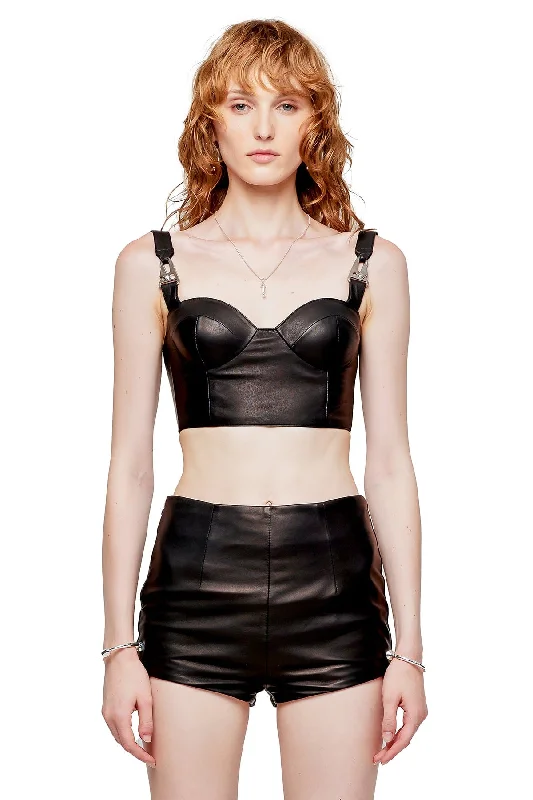 LEATHER CROPPED BUSTIER IN BLACK