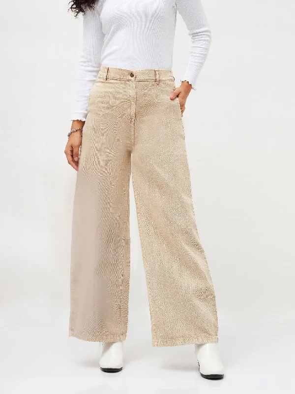 Women Beige Denim Flared Pants