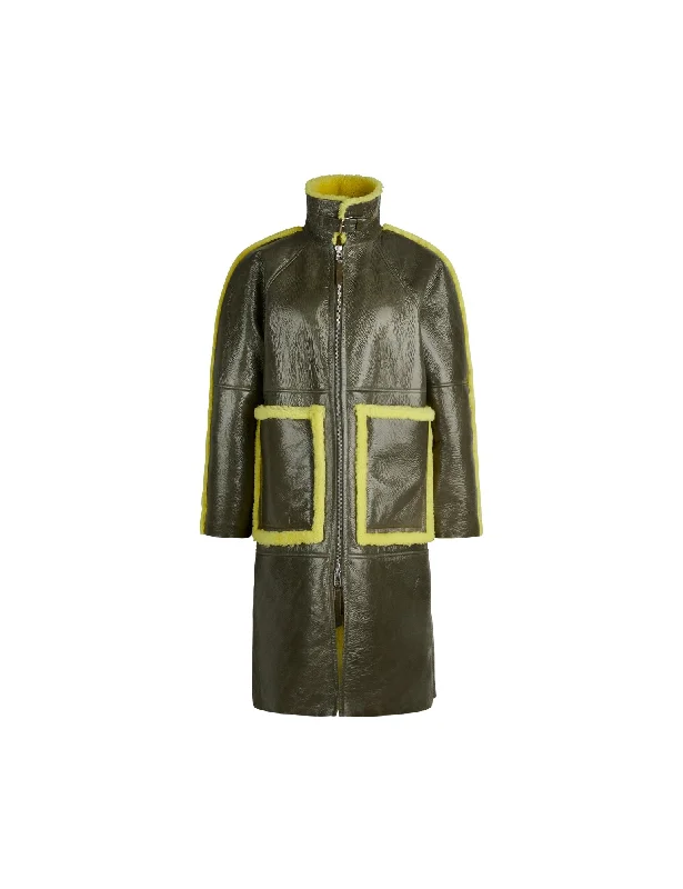 Patent Shearling Honnef Coat,  Forest Night / Evening Primros