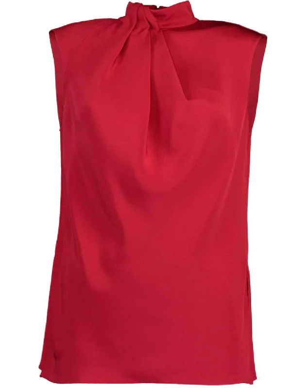 Sleeveless Gathered High Neck Silk Top